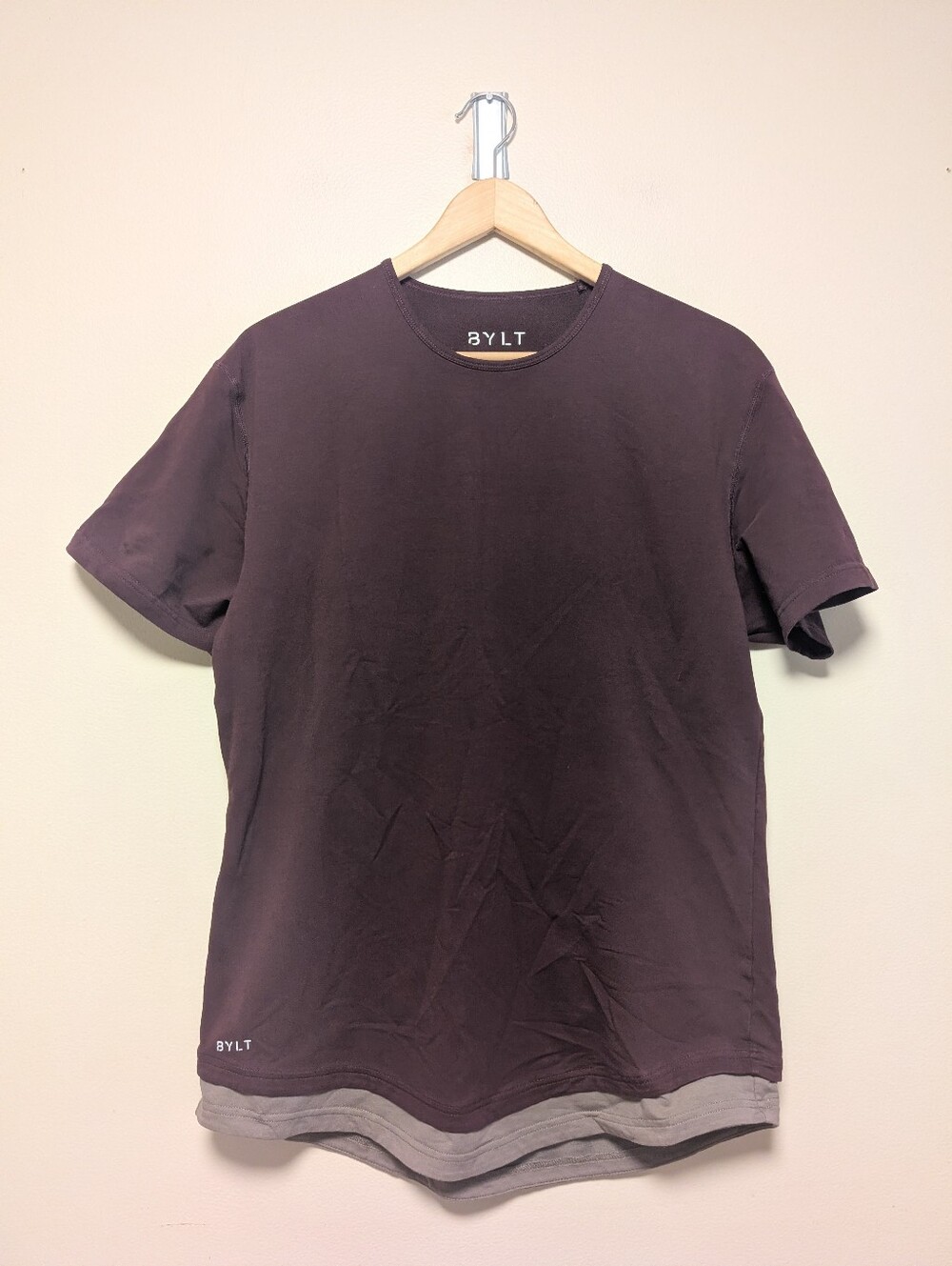 BYLT Basics Drop-Cut Layered Hem Shirt Large Plum Gray